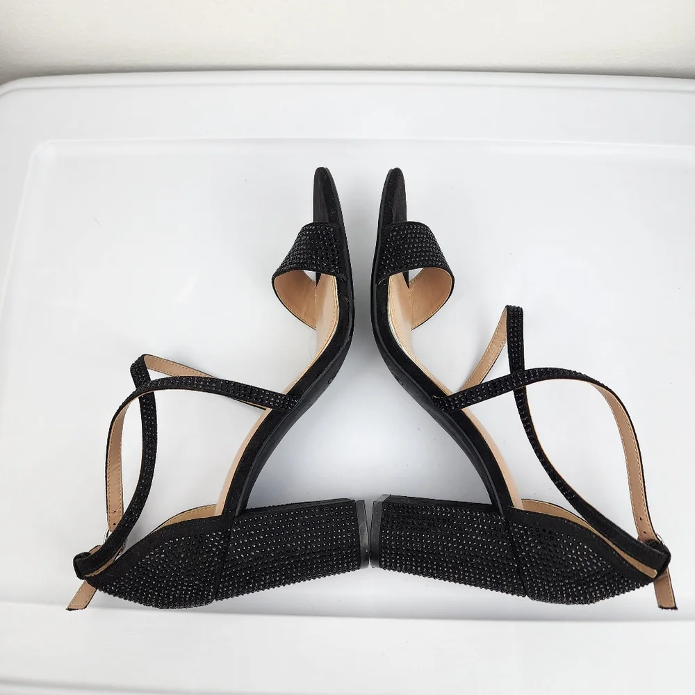 Kelly & Katie Paloona Rhinestones Block Heels Sandals Strappy Pumps Black 9M - Picture 8 of 12